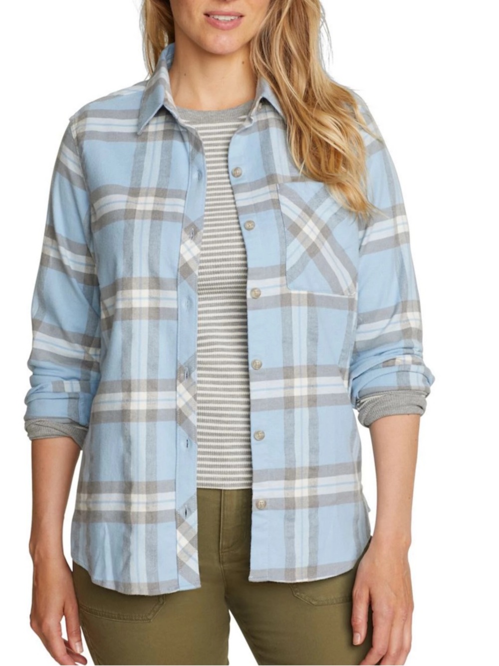 Eddie Bauer Women’s Field Flex Flannel Shirt, Slate Blue. size Large, NWT